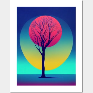 Abstract Pink Full Moon Whimsical Minimalist Lonely Tree Bright Colorful Nature Poster Art of a Leafless Tree Posters and Art